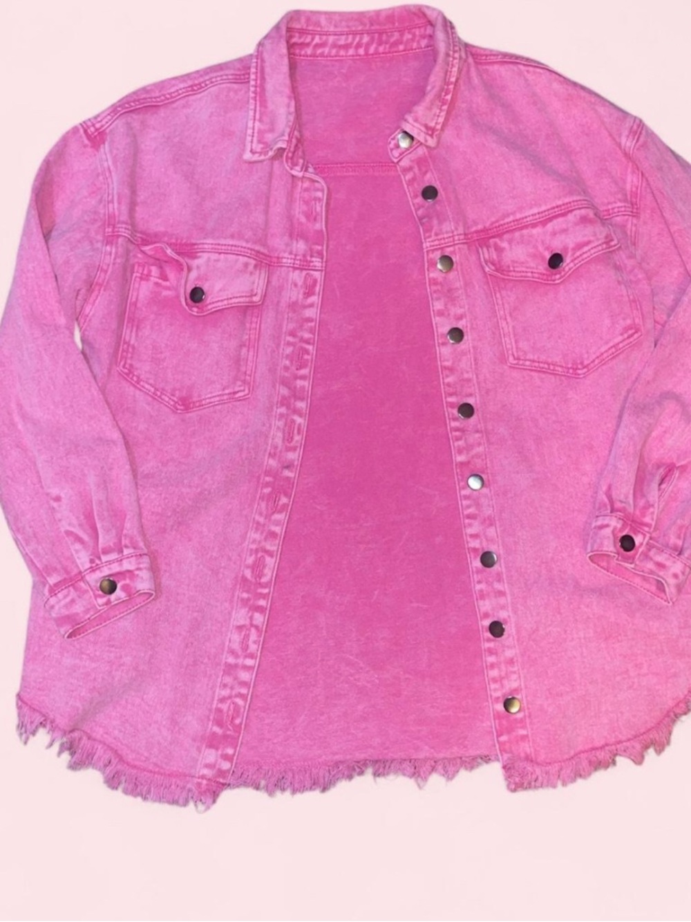 Pink Denim Shacket - Button Front Distressed Hem
